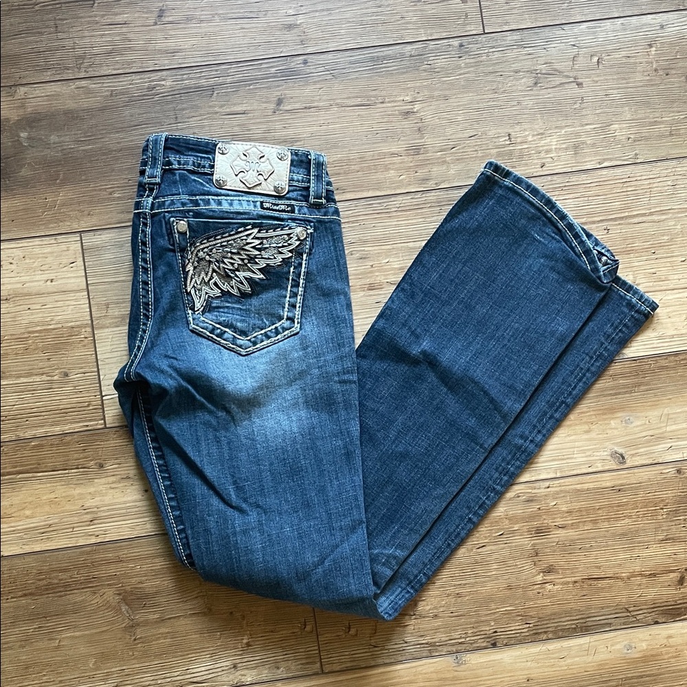 Miss Me Dark Blue Bootcut Jeans with Embroidered Wing Pocket
